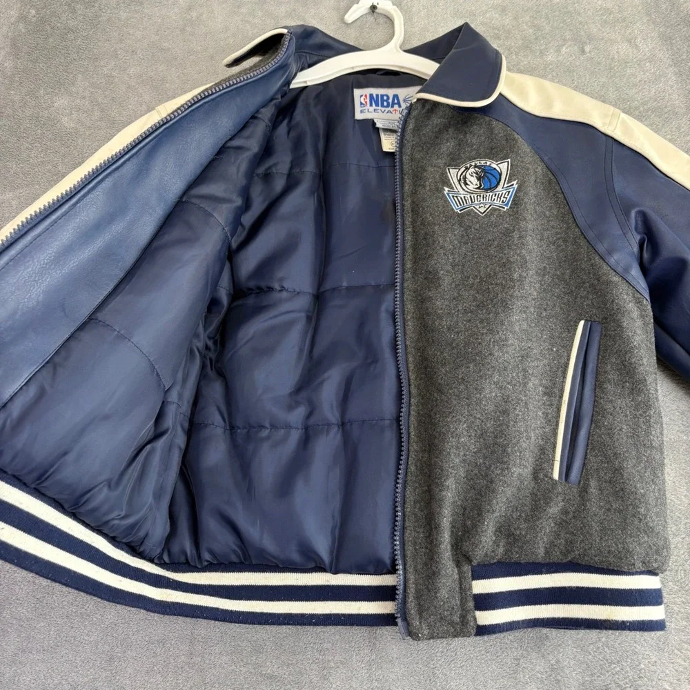 Dallas Mavericks Kids Size 8 10 NBA Varsity Jacket White Leather Sleeves **flaws